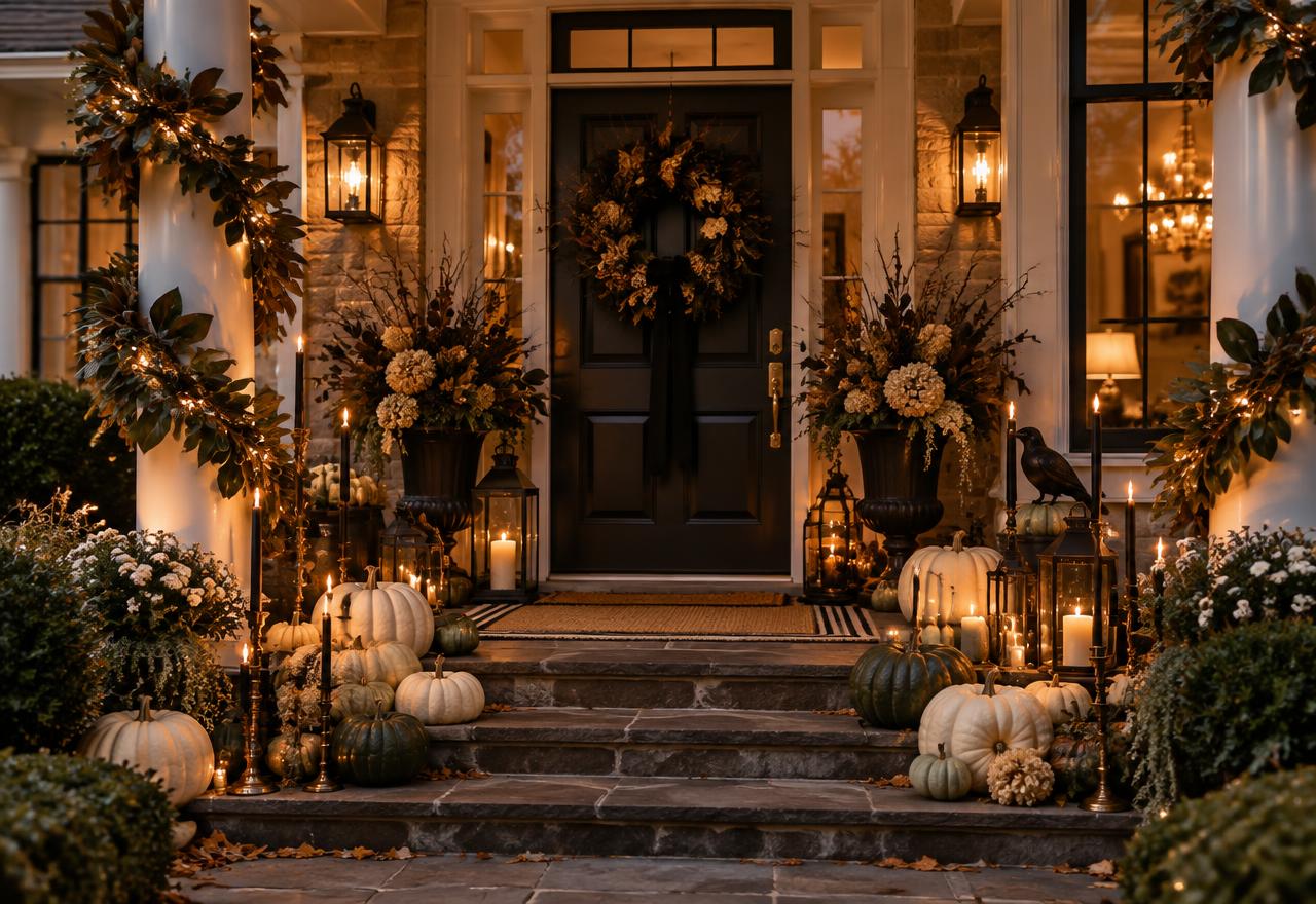 An elegant porch glowing with lanterns, candles and cream pumpkins