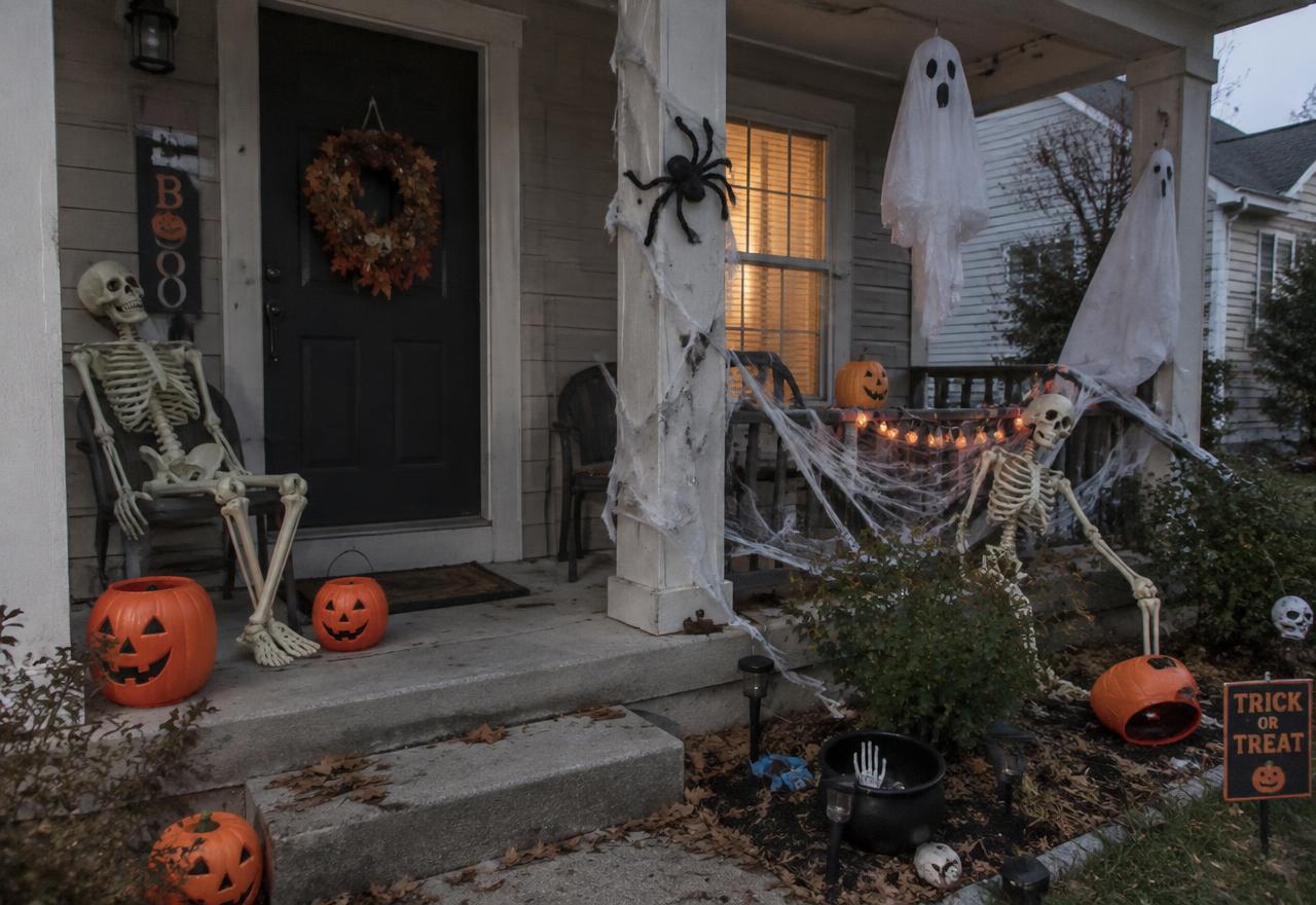 A porch cluttered with cheap plastic Halloween decorations